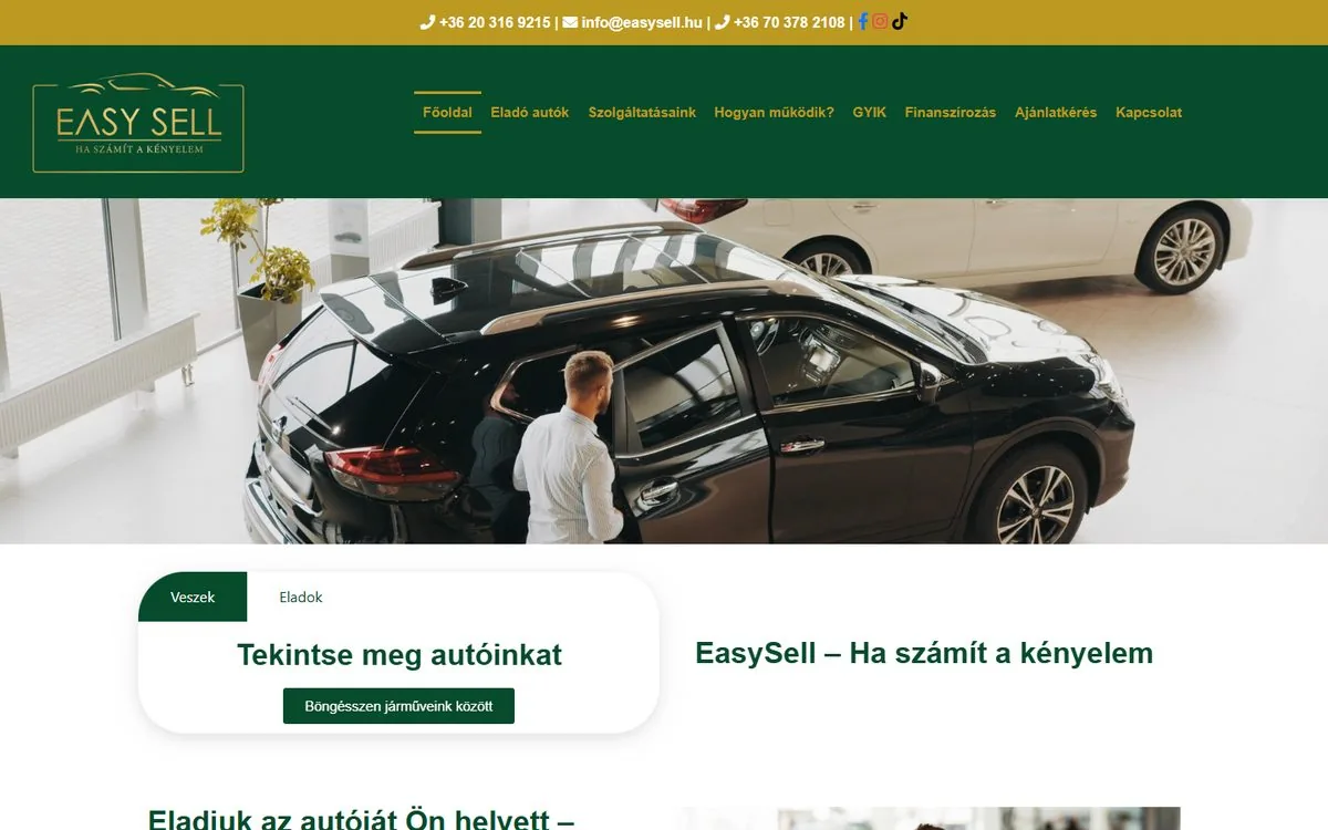 Az EasySell régi nyitóoldala: általános sablon, stockfotó egy autószalonról.
