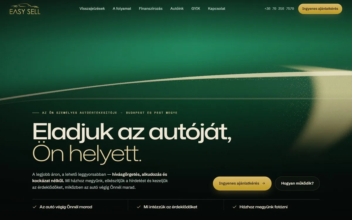 Az EasySell új nyitóoldala: sötétzöld, élő fényezés-animáció, nagy címmel.