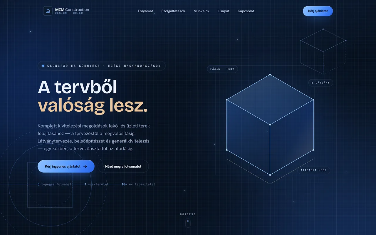 Az MZM Construction nyitóoldala: tervrajz-háló, drótváz-kocka, cím: A tervből valóság lesz.